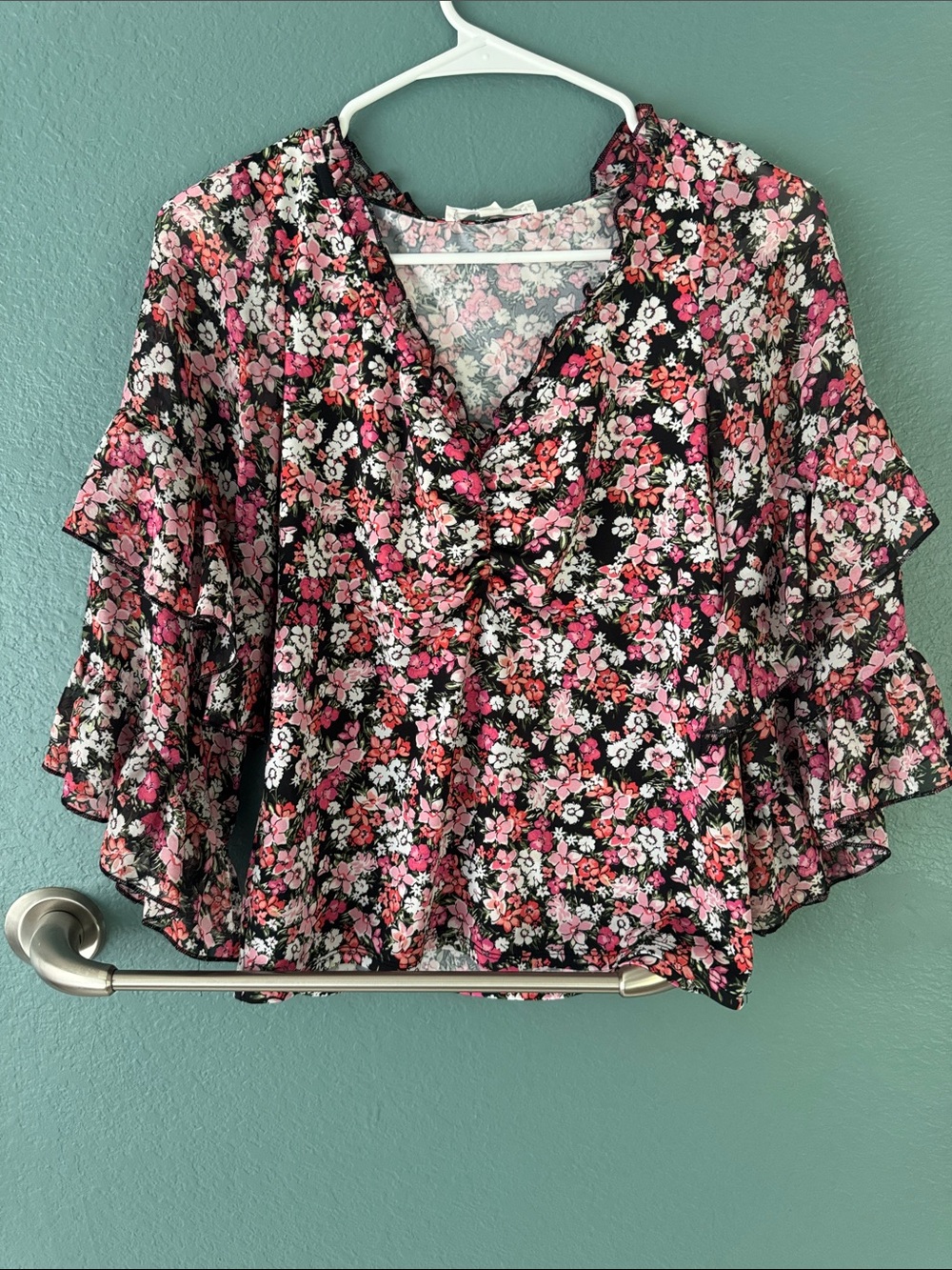 Floral Ruffle Sleeve Blouse - Pink on Black